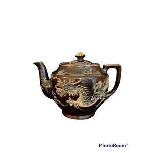 Vintage Black Oriental Style Derpy Dragon Raised Design Ceramic Tea Pot